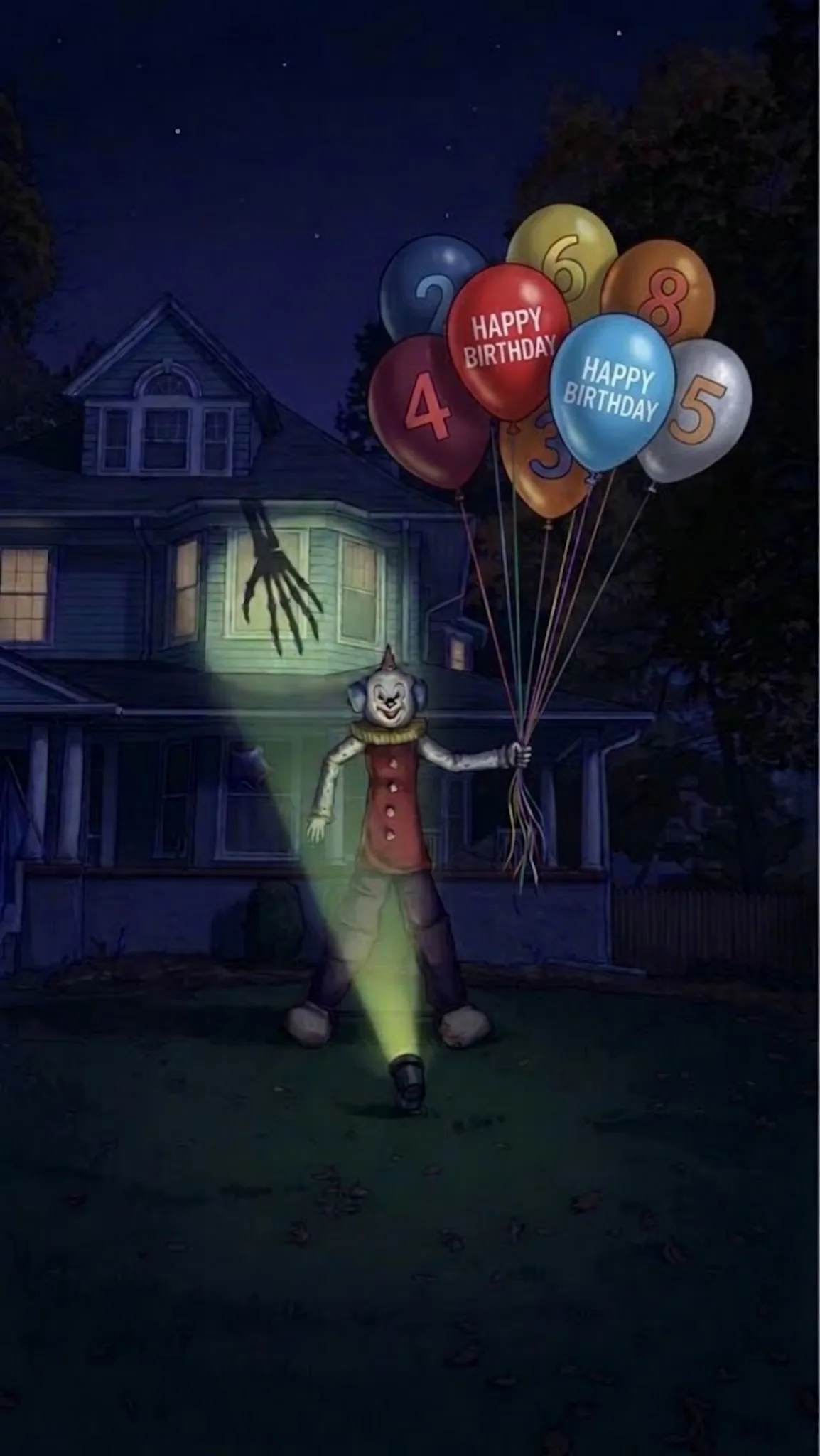 Gloopy at night in front of the house, lit from below, holding a bunch of birthday balloons while a skeletal shadow hand reaches across the wall.