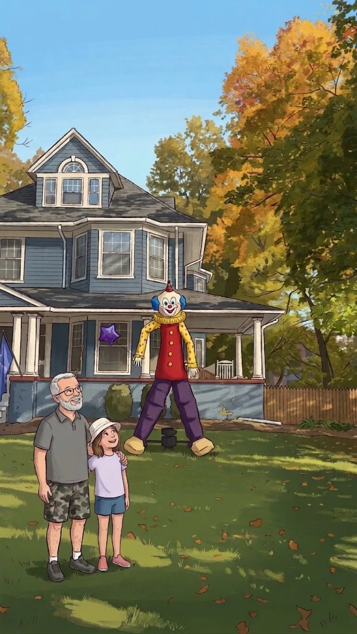 A father and his daughter stand on their front lawn looking up at Gloopy, the very tall clown, in front of their blue house.