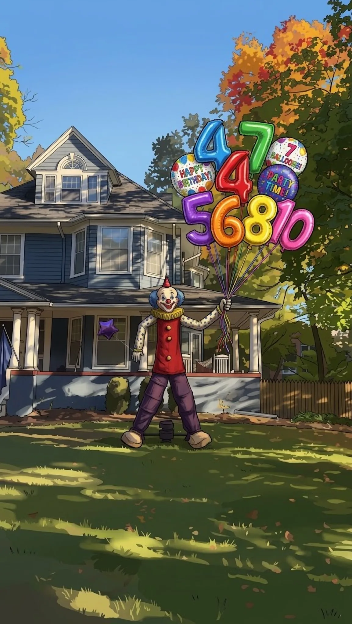 Gloopy the clown on a sunny autumn lawn holding a big bunch of birthday balloons with numbers on them.