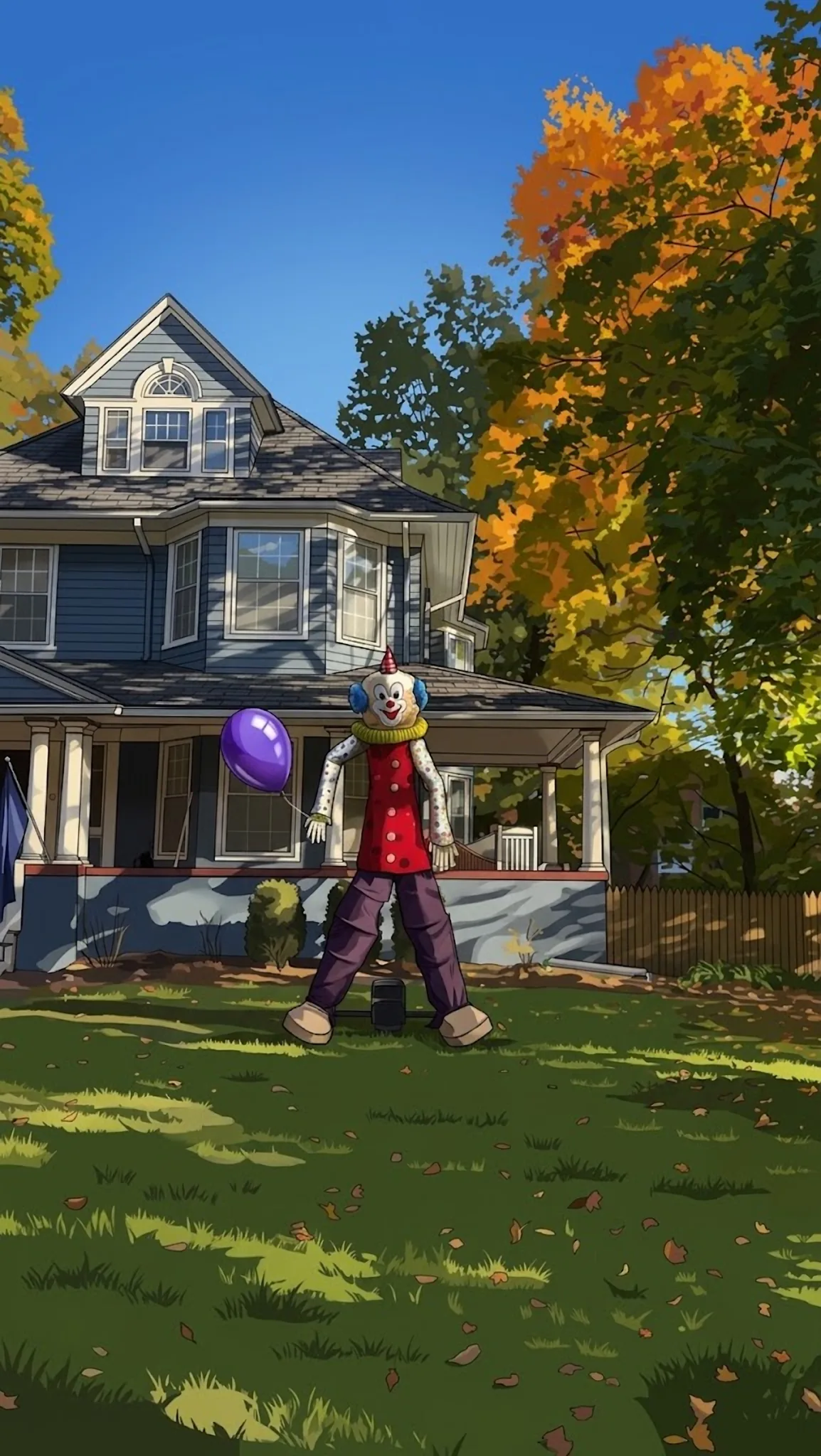 Gloopy, a very tall clown with a red tunic and purple trousers, holds a purple balloon on the lawn of a blue house in autumn.